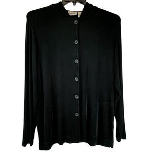 VINTAGE CHICO’S TRAVELERS Black Hooded Full Zip Jacket Slinky Knit Pockets L/12